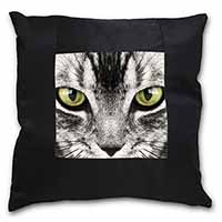 Silver Tabby Cat Face Black Satin Feel Scatter Cushion