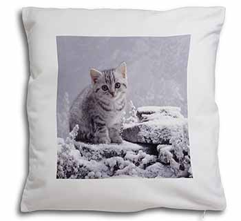Silver Tabby Cat in Snow Soft White Velvet Feel Scatter Cushion