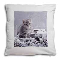 Silver Tabby Cat in Snow Soft White Velvet Feel Scatter Cushion