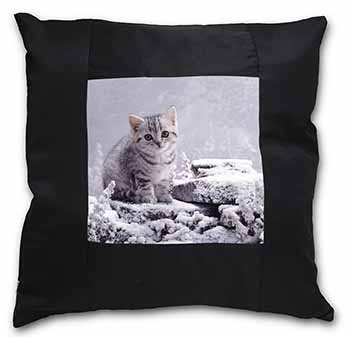 Silver Tabby Cat in Snow Black Satin Feel Scatter Cushion