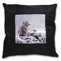 Silver Tabby Cat in Snow Black Satin Feel Scatter Cushion