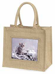 Silver Tabby Cat in Snow Natural/Beige Jute Large Shopping Bag