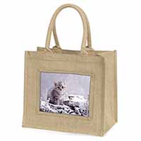 Silver Tabby Cat in Snow Natural/Beige Jute Large Shopping Bag