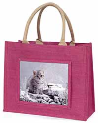 Silver Tabby Cat in Snow Large Pink Jute Shopping Bag