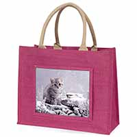 Silver Tabby Cat in Snow Large Pink Jute Shopping Bag
