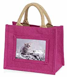 Silver Tabby Cat in Snow Little Girls Small Pink Jute Shopping Bag