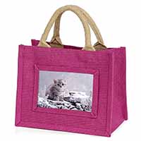 Silver Tabby Cat in Snow Little Girls Small Pink Jute Shopping Bag