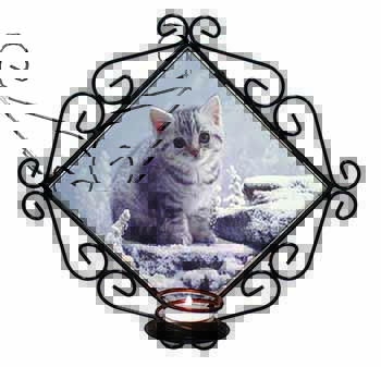 Silver Tabby Cat in Snow Wrought Iron Wall Art Candle Holder