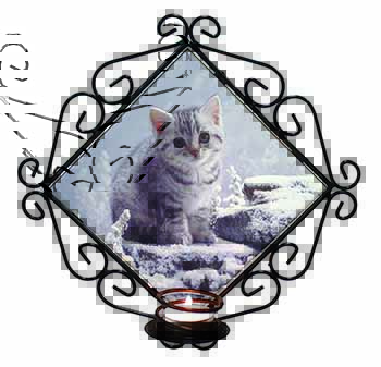Silver Tabby Cat in Snow Wrought Iron Wall Art Candle Holder