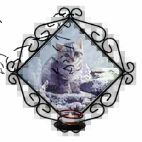 Silver Tabby Cat in Snow Wrought Iron Wall Art Candle Holder