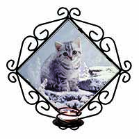 Silver Tabby Cat in Snow Wrought Iron Wall Art Candle Holder