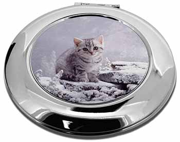 Silver Tabby Cat in Snow Make-Up Round Compact Mirror