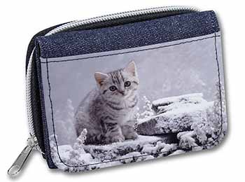 Silver Tabby Cat in Snow Unisex Denim Purse Wallet