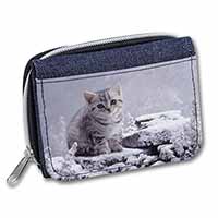Silver Tabby Cat in Snow Unisex Denim Purse Wallet