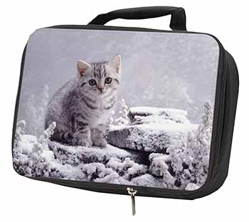 Silver Tabby Cat in Snow Black Insulated School Lunch Box/Picnic Bag