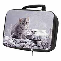 Silver Tabby Cat in Snow Black Insulated School Lunch Box/Picnic Bag