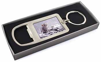 Silver Tabby Cat in Snow Chrome Metal Bottle Opener Keyring in Box