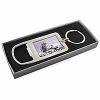 Silver Tabby Cat in Snow Chrome Metal Bottle Opener Keyring in Box