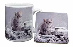 Silver Tabby Cat in Snow Mug and Coaster Set