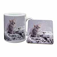 Silver Tabby Cat in Snow Mug and Coaster Set