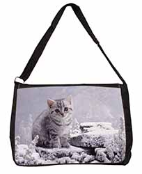 Silver Tabby Cat in Snow Large Black Laptop Shoulder Bag School/College