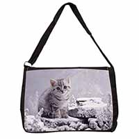 Silver Tabby Cat in Snow Large Black Laptop Shoulder Bag School/College