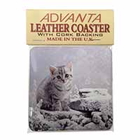 Silver Tabby Cat in Snow Single Leather Photo Coaster