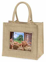 Ginger Cat and Kittens in Barn Natural/Beige Jute Large Shopping Bag