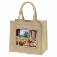 Ginger Cat and Kittens in Barn Natural/Beige Jute Large Shopping Bag