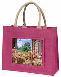 Ginger Cat and Kittens in Barn Large Pink Jute Shopping Bag