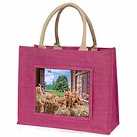 Ginger Cat and Kittens in Barn Large Pink Jute Shopping Bag