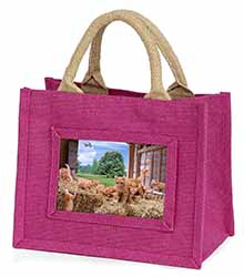 Ginger Cat and Kittens in Barn Little Girls Small Pink Jute Shopping Bag