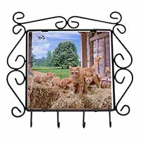 Ginger Cat and Kittens in Barn Wrought Iron Key Holder Hooks