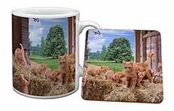 Ginger Cat and Kittens in Barn Mug and Coaster Set