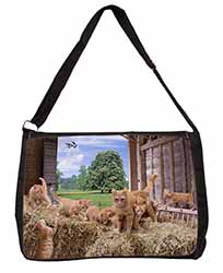 Ginger Cat and Kittens in Barn Large Black Laptop Shoulder Bag School/College