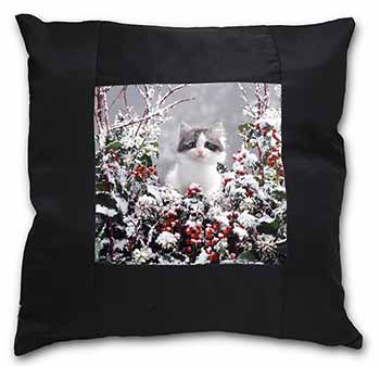 Winter Snow Kitten Black Satin Feel Scatter Cushion