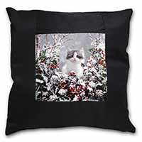 Winter Snow Kitten Black Satin Feel Scatter Cushion