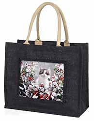 Winter Snow Kitten Large Black Jute Shopping Bag