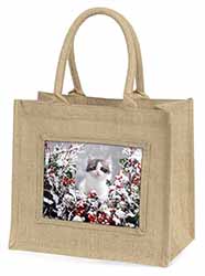 Winter Snow Kitten Natural/Beige Jute Large Shopping Bag
