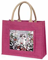 Winter Snow Kitten Large Pink Jute Shopping Bag