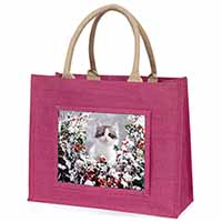 Winter Snow Kitten Large Pink Jute Shopping Bag