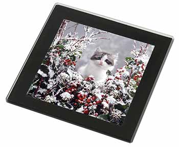 Winter Snow Kitten Black Rim High Quality Glass Coaster