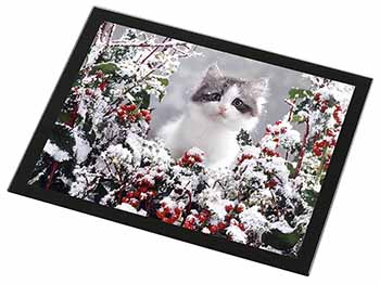 Winter Snow Kitten Black Rim High Quality Glass Placemat