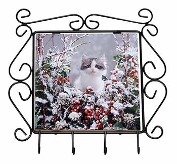 Winter Snow Kitten Wrought Iron Key Holder Hooks