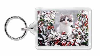 Winter Snow Kitten Photo Keyring printed full colour