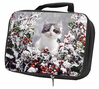 Winter Snow Kitten Black Insulated School Lunch Box/Picnic Bag