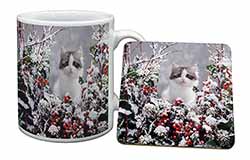 Winter Snow Kitten Mug and Coaster Set