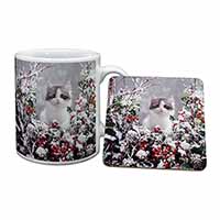 Winter Snow Kitten Mug and Coaster Set
