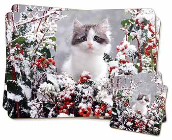 Winter Snow Kitten Twin 2x Placemats and 2x Coasters Set in Gift Box