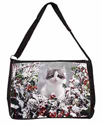 Winter Snow Kitten Large Black Laptop Shoulder Bag School/College